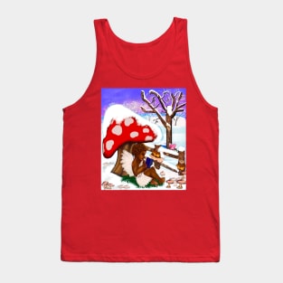 Snow covered mushroom covering Little bookworm angel boy cherub reading a book - tranquil winter scenery Tank Top